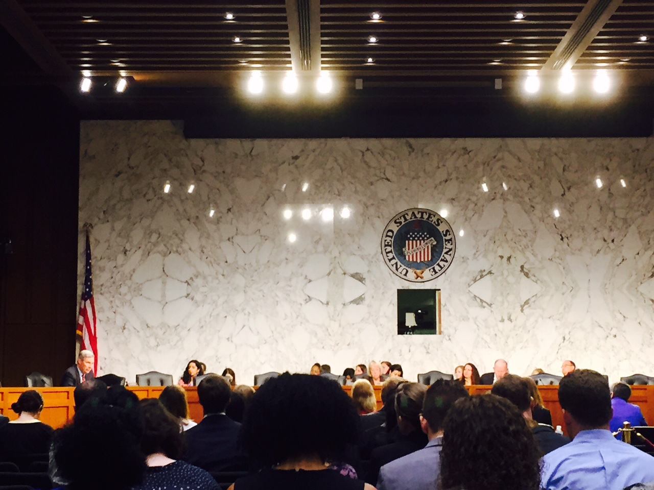 United States Senate emblem on a marble wall by an American flag in front of a large crowd